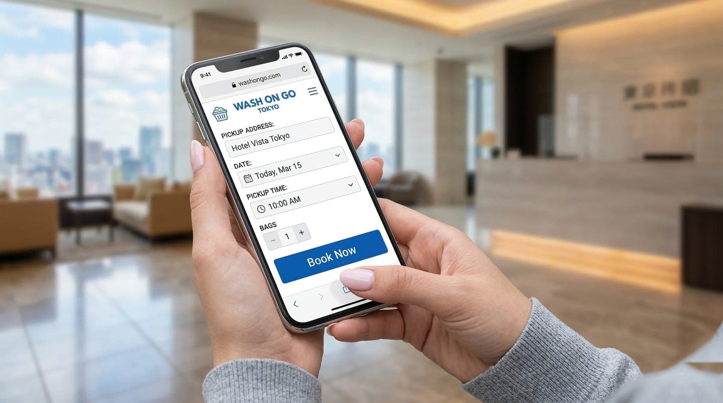 Tourist booking same-day laundry service on mobile phone in Tokyo