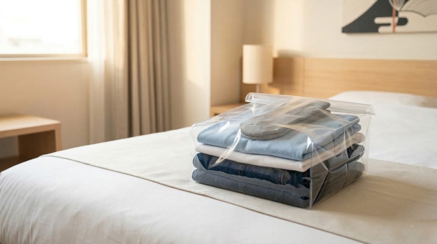 Clean folded clothes delivered to Tokyo hotel room by laundry service