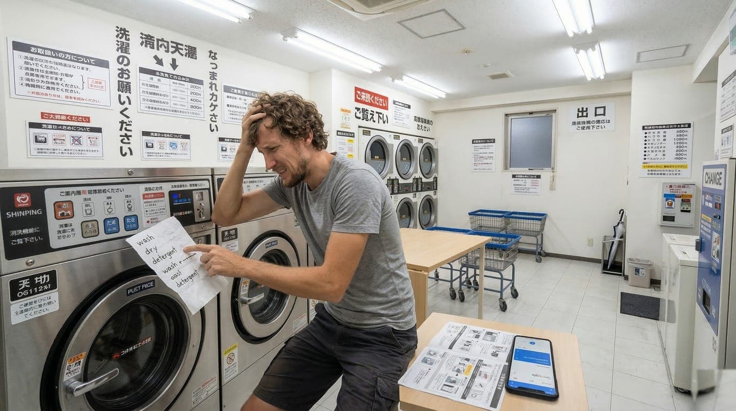 Inside a coin laundry in Tokyo with Japanese-only washing machines