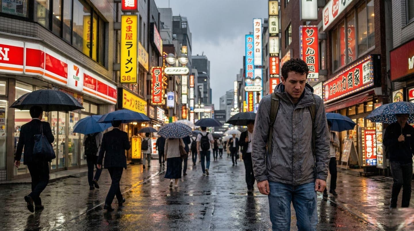 Tourist caught in rain in Tokyo needing emergency laundry service