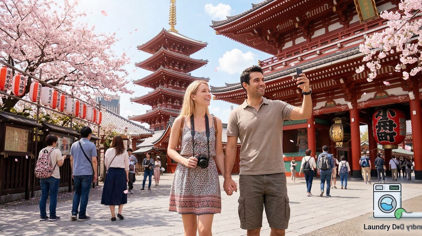 Tourist enjoying sightseeing in Tokyo while laundry is being done