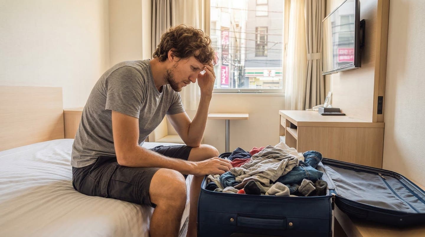 Tourist in Tokyo hotel room with pile of dirty clothes in suitcase