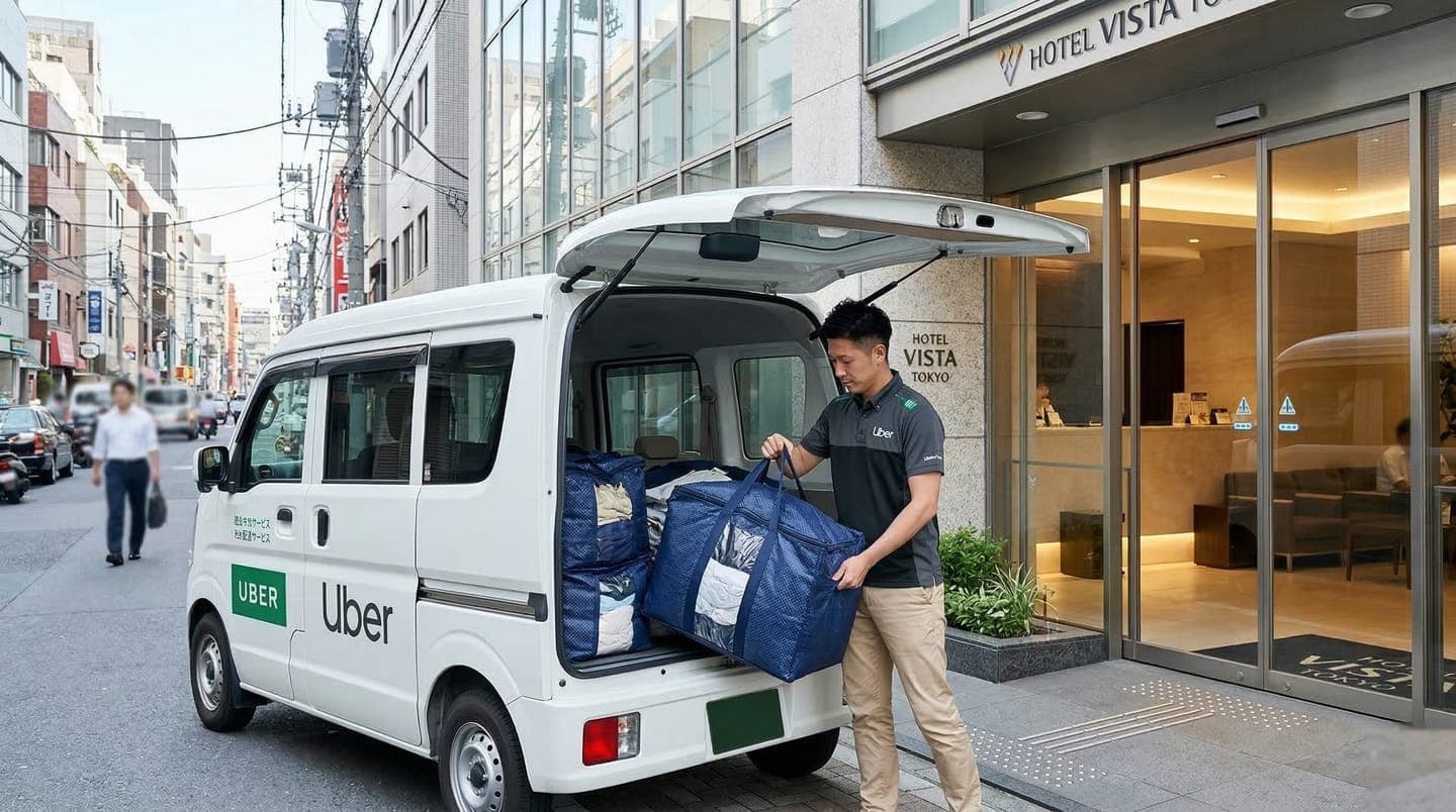 Uber driver picking up laundry bag at Tokyo hotel entrance