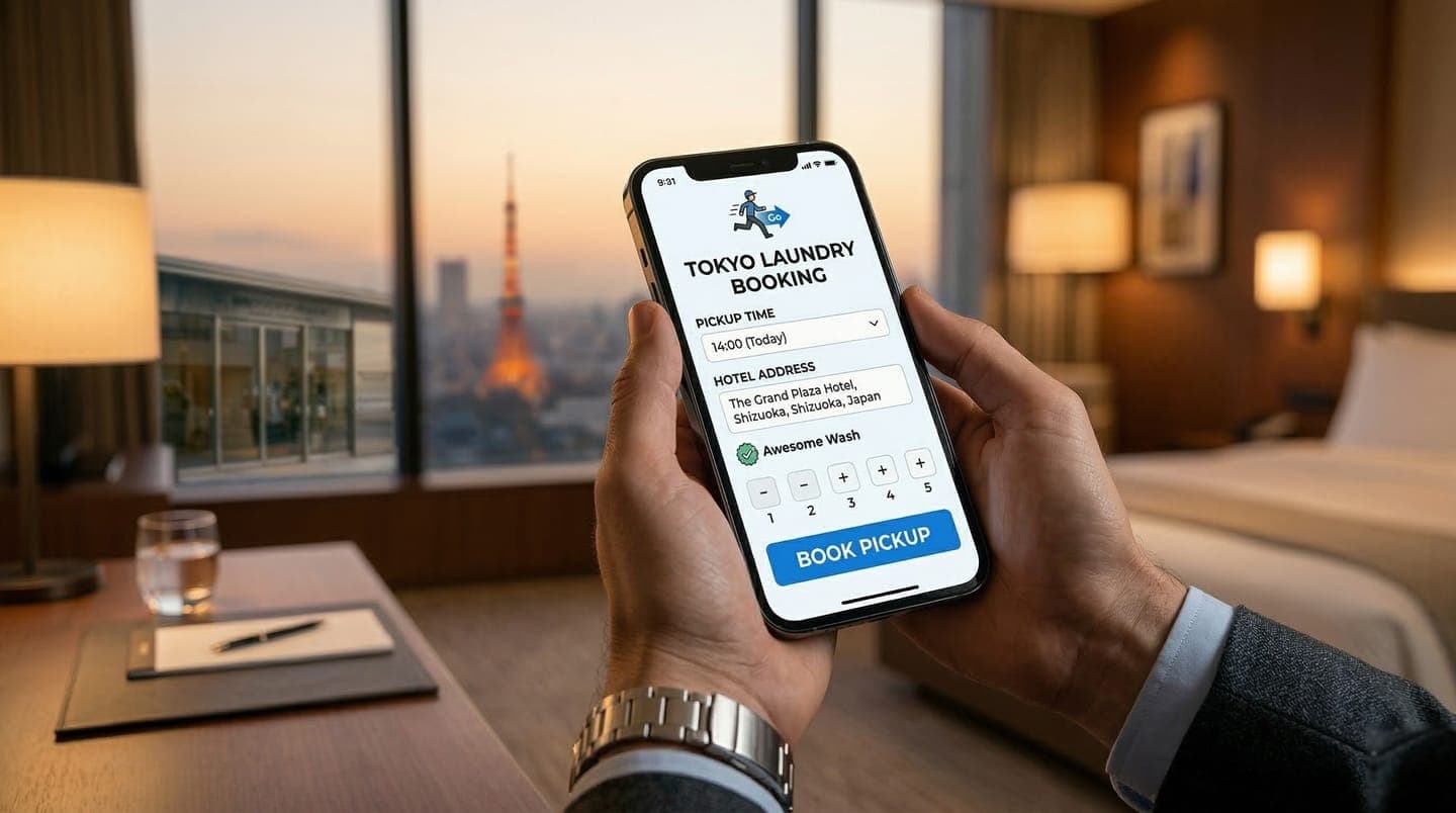 Booking laundry delivery service in Tokyo on mobile phone step by step