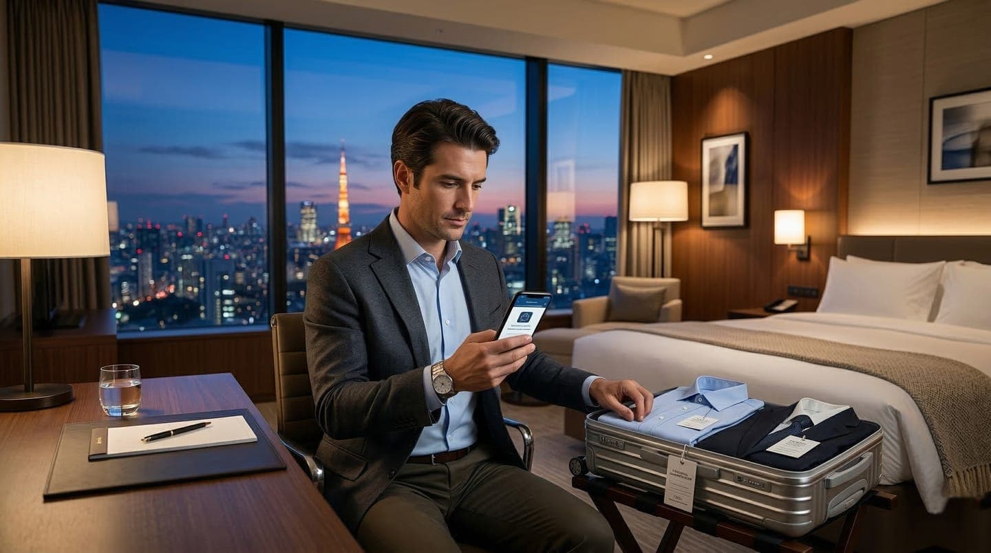 Business traveler in Tokyo hotel deciding between laundry delivery options