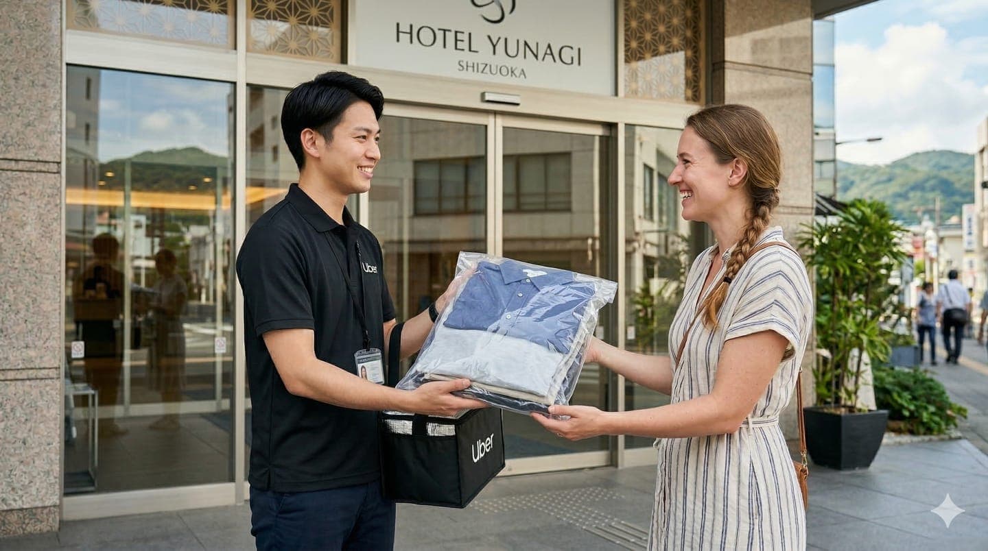 Clean laundry returned directly to tourist by Uber driver at Tokyo hotel