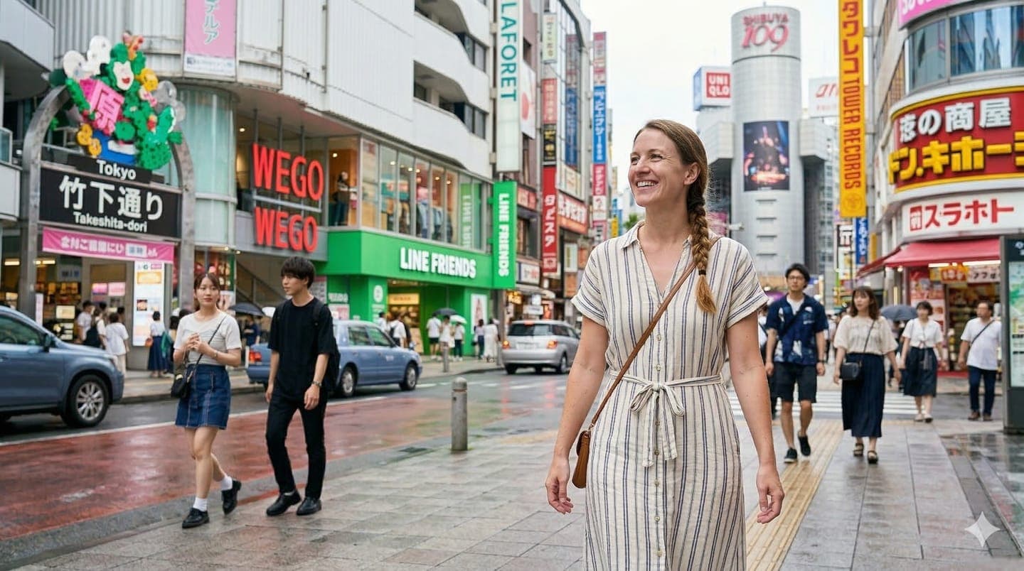 Happy tourist in Tokyo wearing fresh clean clothes after laundry delivery