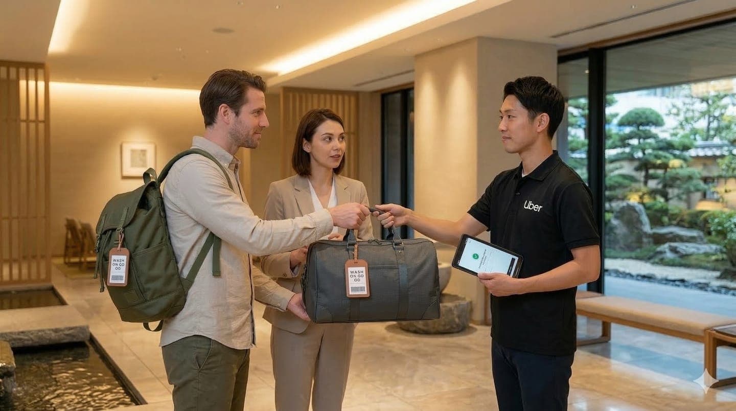 Tourist handing laundry to Uber driver for pickup at a Tokyo hotel