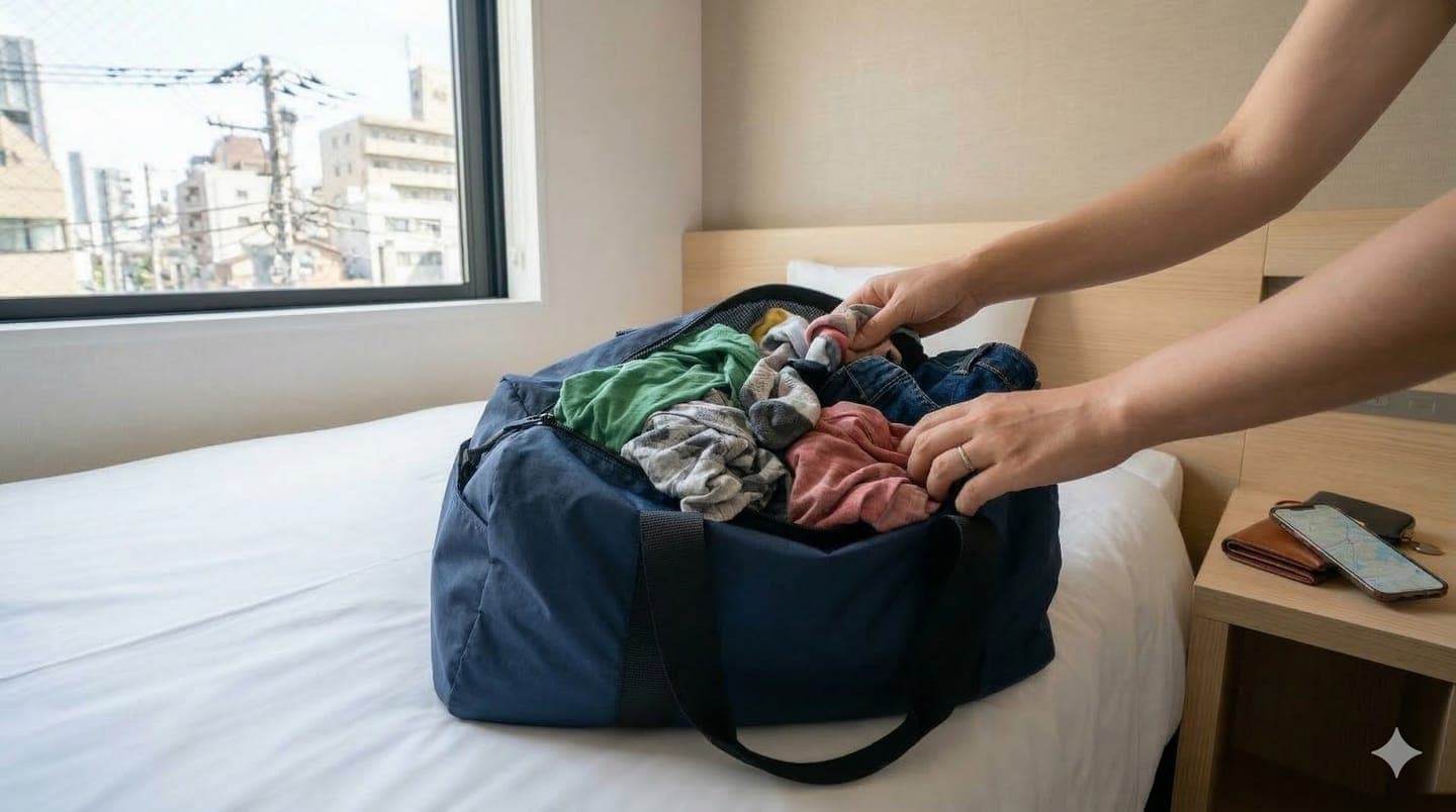 Tourist packing dirty clothes into their own bag at Tokyo hotel room