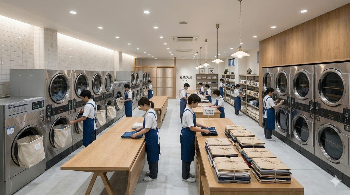 Professional laundry facility in Tokyo processing tourist laundry orders