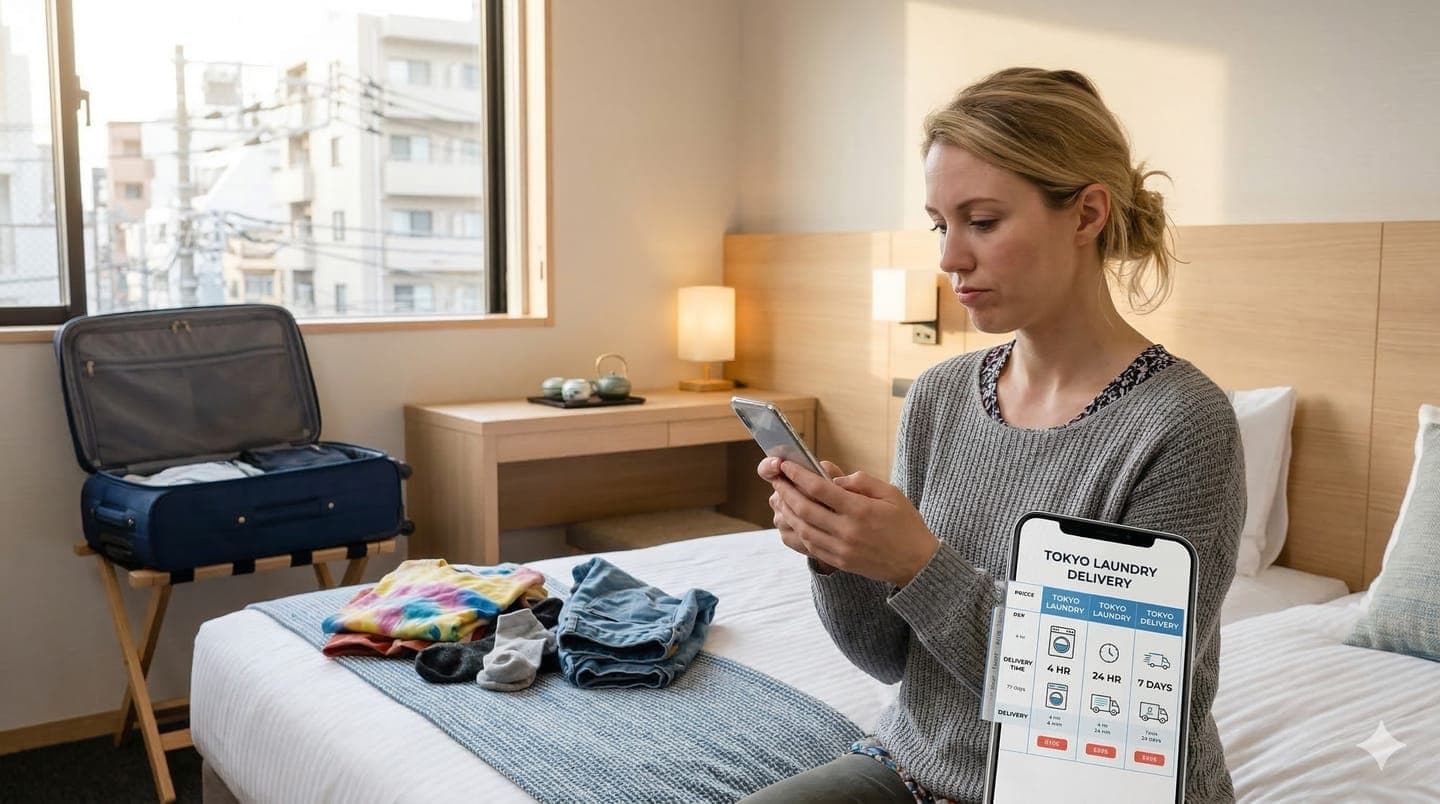Tourist in Tokyo hotel comparing laundry delivery services on smartphone