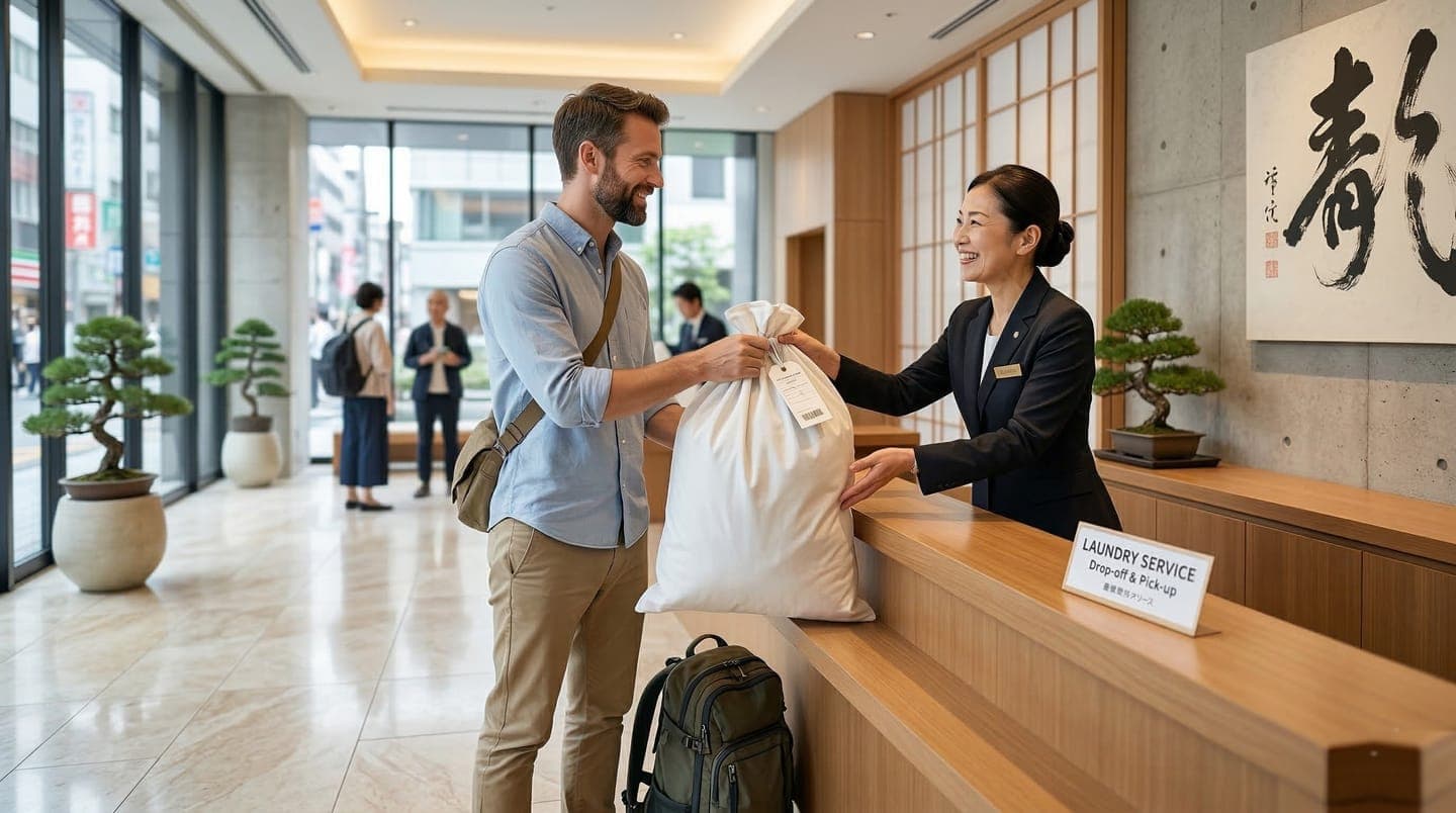 Tourist using laundry delivery service pickup at Tokyo hotel lobby